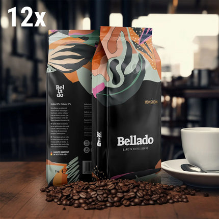 (12x 1kg) BELLADO | Save 11%/kg Monsoon Espresso Beans – Dark roast-60/40 Arabica/Robusta-Cocoa-earthy-whisky