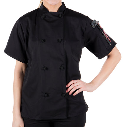 Áo bếp nữ tay ngắn Mercer Culinary Millennia đen nút thắt vải, tùy chỉnh M60024BK - 2XL