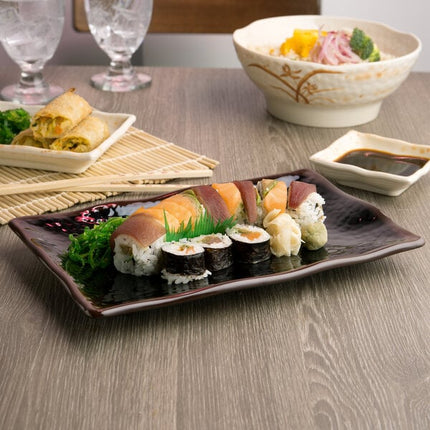 Đồ phục vụ sushi Thunder Group 2412TM Tenmoku đen 28,6 cm x 18,4 cm chữ nhật melamine đĩa lượn sóng - Gói 12 cái