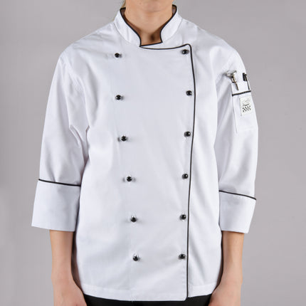Áo bếp executive tay dài nữ màu trắng viền đen tùy chỉnh Chef Revival Corporate LJ044 - size 2X
