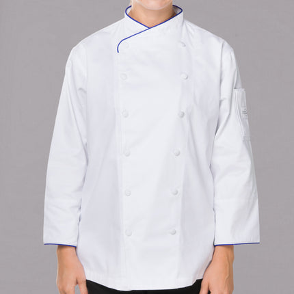 Áo bếp nữ tay dài tùy chỉnh màu trắng viền xanh coban Mercer Culinary Renaissance® M62050WRB - 2X