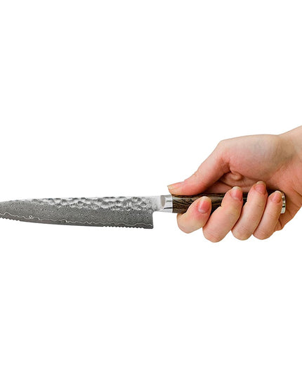 Dao Đa Năng Răng Cưa Shun 16.5 cm Lưỡi Damascus Cán Gỗ Óc Chó (TDM0722)