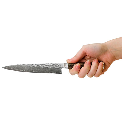 Dao Đa Năng Răng Cưa Shun 16.5 cm Lưỡi Damascus Cán Gỗ Óc Chó (TDM0722)