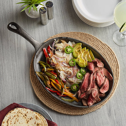 Chảo gang fajita oval đã tôi dầu Valor, có tay cầm 33 x 25 cm