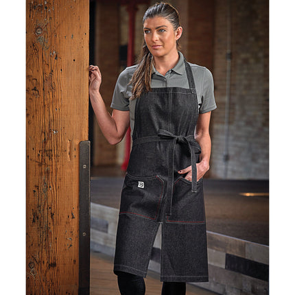 Tạp dề yếm vải denim cotton có thể tùy chỉnh Mercer Culinary M63203BKD Metro Edge Zephyr đen, dây cổ điều chỉnh, thân xẻ