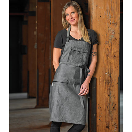 Tạp dề yếm vải denim dobby cotton Mercer Culinary M63200BKD Metro Edge Flannery đen, dây cổ điều chỉnh, giá treo khăn da