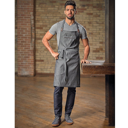 Tạp dề yếm vải denim dobby cotton Mercer Culinary M63200DEN Metro Edge Flannery xanh indigo, dây cổ điều chỉnh, giá treo