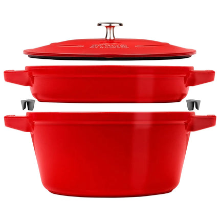 (2 pieces) STAUB | Stackable Cast Iron Cocotte & Pan Set – Ø 24 cm - Cherry Red - Enamelled
