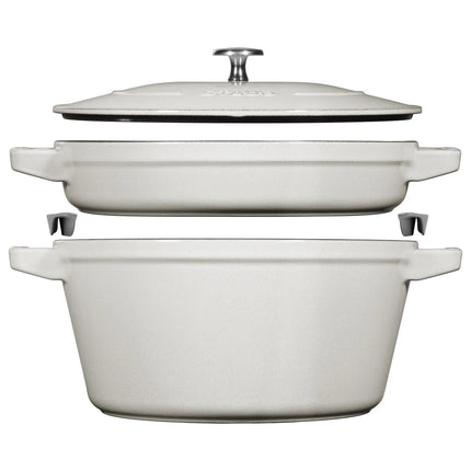 (2 pieces) STAUB | Stackable Cast Iron Cocotte & Pan Set – Ø 24 cm - White Truffle - Enamelled