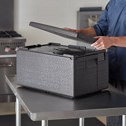 Thùng giữ nhiệt EPP nạp trên Cambro Cam GoBox đen - khay full-size sâu 20 cm
