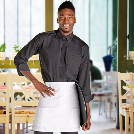 Tạp dề nửa bistro 2 túi pha polyester-cotton tùy chỉnh được màu trắng Choice 45,7 x 76,2 cm