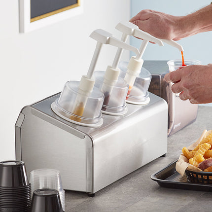 Bộ bình phân phối gia vị Steril-Sil thép không gỉ 3 ngăn 890 ml, ống chứa trắng và nắp bơm vòm