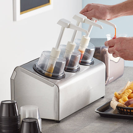 Bộ bình phân phối gia vị Steril-Sil thép không gỉ 3 ngăn 890 ml, ống chứa đen và nắp bơm vòm