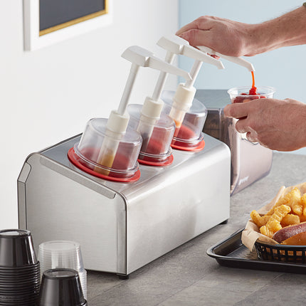 Bộ bình phân phối gia vị Steril-Sil thép không gỉ 3 ngăn 890 ml, ống chứa đỏ và nắp bơm vòm