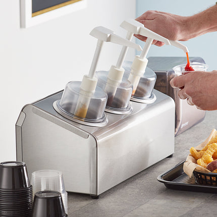 Bộ bình phân phối gia vị Steril-Sil thép không gỉ 3 ngăn 890 ml, ống chứa inox và nắp bơm vòm