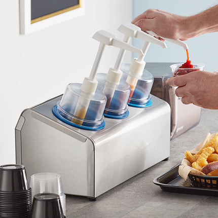 Bộ bình phân phối gia vị Steril-Sil thép không gỉ 3 ngăn 890 ml, ống chứa xanh dương và nắp bơm vòm