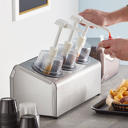 Bộ bình phân phối gia vị Steril-Sil thép không gỉ 3 ngăn 890 ml, ống chứa xám và nắp bơm vòm