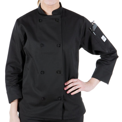 Áo bếp nữ tay dài tùy chỉnh màu đen nút thắt vải Mercer Culinary Millennia® M60022BK - 2X