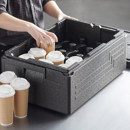 Thùng giữ nhiệt EPP nạp trên Cambro Cam GoBox đen kèm giá đựng ly 15 ngăn - khay full-size sâu 15 cm
