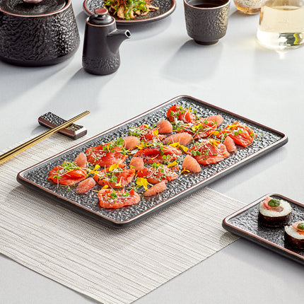 Đồ phục vụ sushi Acopa Heika 34,9 cm x 20,3 cm đen nhám Textured chữ nhật Flat Stoneware đĩa - Thùng 12 cái