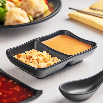 Đĩa nước chấm melamine 2 ngăn Acopa Izumi đen mờ 89 ml - Hộp 12 cái