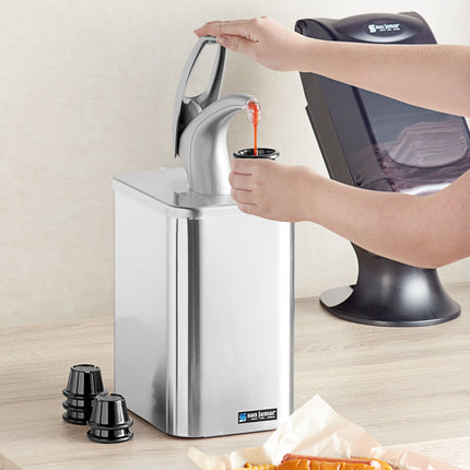 Hệ thống bình phân phối gia vị dạng bơm đặt bàn San Jamar P4900 FrontLine đa năng - hoàn thiện kim loại