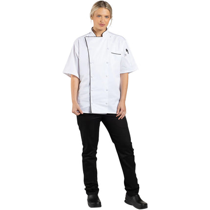 Áo bếp tay ngắn Uncommon Chef Montebello 0431 unisex màu trắng viền đen tùy chỉnh - 2XL