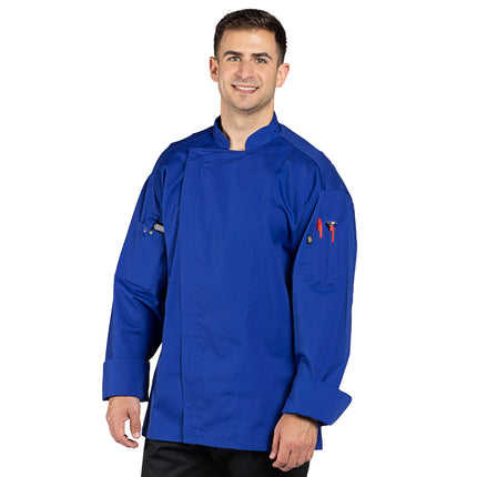 Áo bếp Uncommon Chef Endeavor Pro Vent unisex nhẹ màu xanh hoàng gia đậm, tay dài, lưng lưới 0704 - 2X