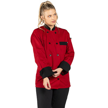 Áo bếp unisex tay dài tùy chỉnh màu đỏ viền đen Uncommon Chef Newport 0404 - 2X
