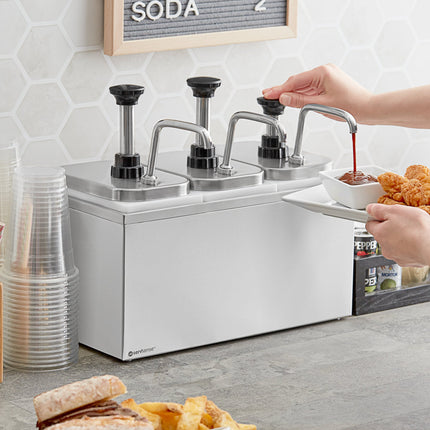 Bình phân phối gia vị ServSense thép không gỉ 3 ngăn 1,9 lít, 3 vòi bơm inox điều chỉnh định lượng