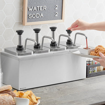 Bình phân phối gia vị ServSense thép không gỉ 4 ngăn 1,9 lít, 4 vòi bơm inox điều chỉnh định lượng