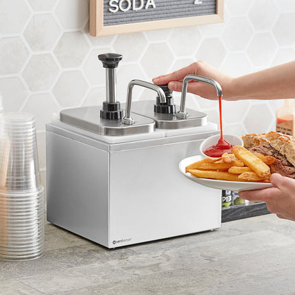 Bình phân phối gia vị ServSense thép không gỉ 2 ngăn 1,9 lít, 2 vòi bơm inox điều chỉnh định lượng