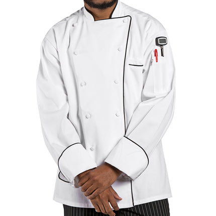 Áo bếp tay dài cao cấp Uncommon Chef Murano 0432 unisex màu trắng viền đen tùy chỉnh - 2XL