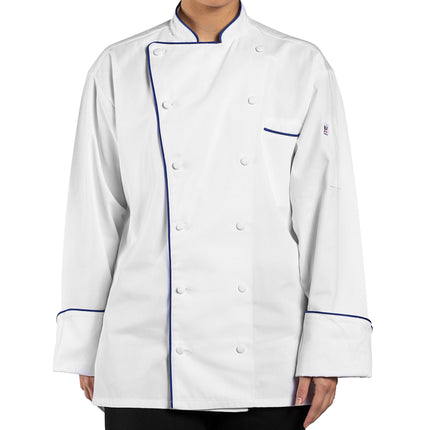Áo bếp unisex tay dài tùy chỉnh màu trắng viền xanh coban Uncommon Chef Murano 0432 - 2XL