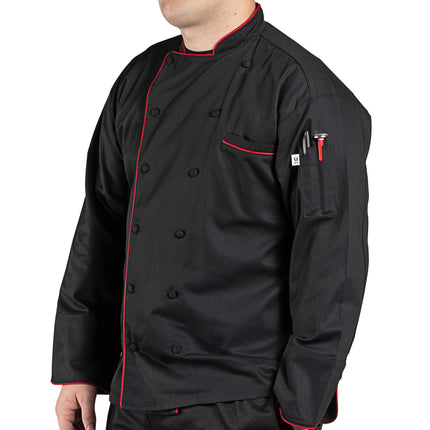 Áo bếp tay dài cao cấp viền chỉ đỏ Uncommon Chef Murano 0432 unisex - Màu đen, Size 2XL