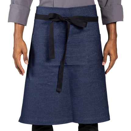 Tạp dề bistro vải denim 100% cotton có thể tùy chỉnh Uncommon Chef 3107 Underground xanh indigo, dây viền đen và 3 túi