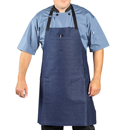 Tạp dề yếm vải denim 100% cotton có thể tùy chỉnh Uncommon Chef 3108 Radical xanh indigo, dây viền đen và 3 túi