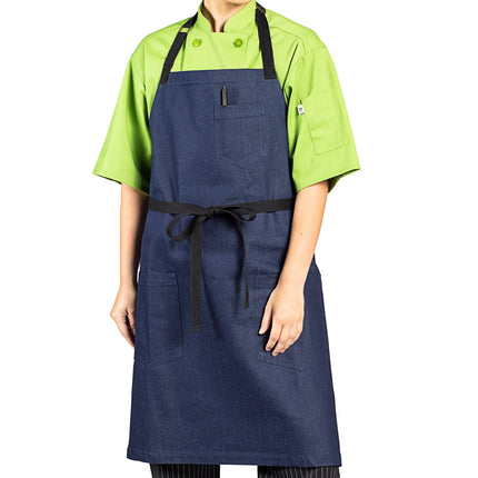 Tạp dề yếm vải denim 100% cotton có thể tùy chỉnh Uncommon Chef 3104 Rebel xanh indigo, dây viền đen và 3 túi