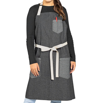 Tạp dề yếm vải denim 100% cotton có thể tùy chỉnh Uncommon Chef 3104 Rebel sọc nhỏ, dây viền tự nhiên và 3 túi