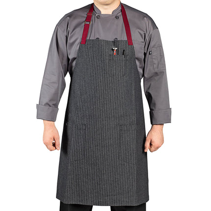 Tạp dề yếm vải denim 100% cotton có thể tùy chỉnh Uncommon Chef 3104 Rebel sọc nhỏ, dây viền đỏ mận và 3 túi
