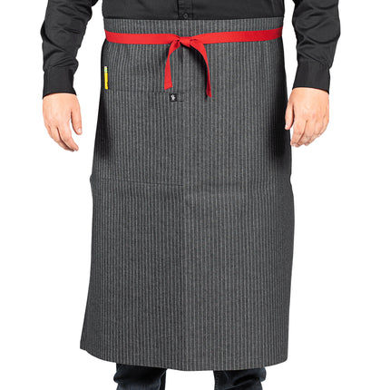 Tạp dề bistro vải denim 100% cotton có thể tùy chỉnh Uncommon Chef 3105 King Pin sọc nhỏ, dây viền đỏ và 1 túi