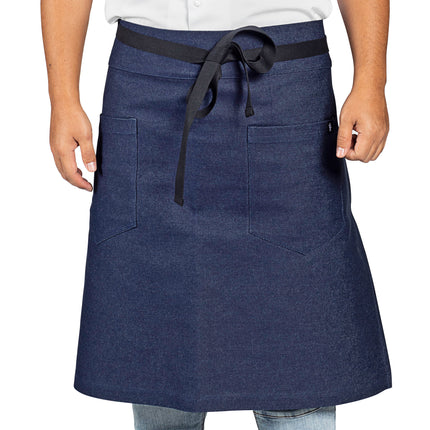 Tạp dề bistro vải denim 100% cotton có thể tùy chỉnh Uncommon Chef 3106 Metro xanh indigo, dây viền đen và 2 túi