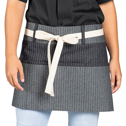 Tạp dề nửa thân vải denim 100% cotton có thể tùy chỉnh Uncommon Chef 3103 Beltway sọc nhỏ, dây viền tự nhiên và 3 túi