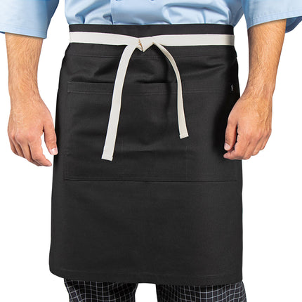 Tạp dề nửa thân vải canvas 100% cotton có thể tùy chỉnh Uncommon Chef 3117 Moxie đen, dây viền tự nhiên và 3 túi
