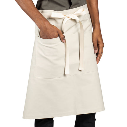 Tạp dề nửa thân vải canvas 100% cotton có thể tùy chỉnh Uncommon Chef 3117 Moxie be cát, dây viền tự nhiên và 3 túi