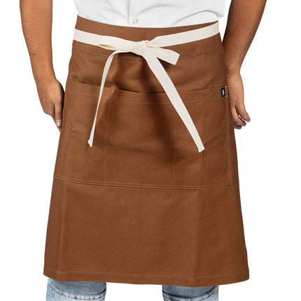 Tạp dề nửa thân vải canvas 100% cotton có thể tùy chỉnh Uncommon Chef 3117 Moxie nâu óc chó, dây viền tự nhiên và 3 túi
