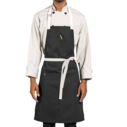 Tạp dề yếm vải poly-cotton có thể tùy chỉnh Uncommon Chef 3127 Avalanche đen, dây viền tự nhiên và 3 túi