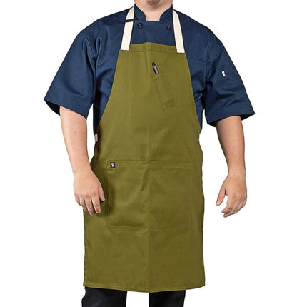 Tạp dề yếm vải poly-cotton có thể tùy chỉnh Uncommon Chef 3127 Avalanche xanh rêu, dây viền tự nhiên và 3 túi