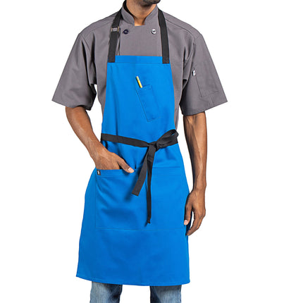 Tạp dề yếm vải poly-cotton có thể tùy chỉnh Uncommon Chef 3128 Surge xanh dương, dây viền đen và 3 túi