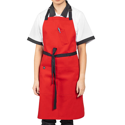 Tạp dề yếm vải poly-cotton có thể tùy chỉnh Uncommon Chef 3128 Surge đỏ táo, dây viền đen và 3 túi